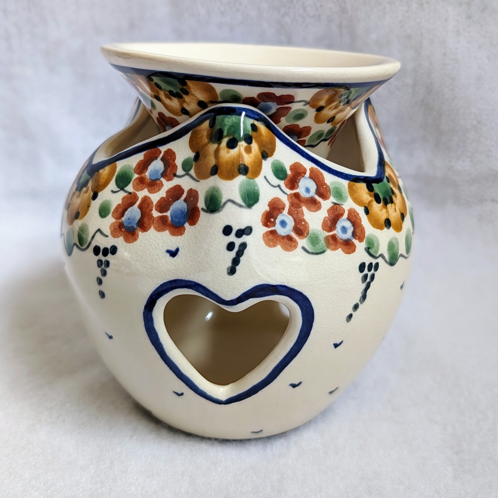 Polish Pottery 2-piece Warmer with Blue, Brown, & Yellow Floral Design, Unikat